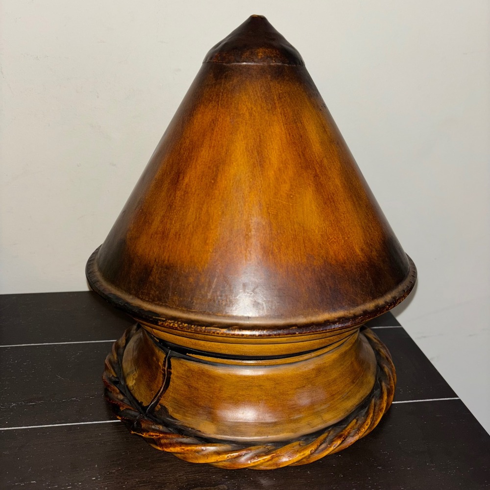 Handcrafted Rustic Metal Conical‎ Finial with Twisted Rope Base Brown Amber